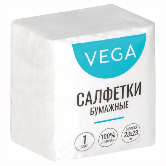 Салфетки бумажные Vega 1 слойн., 23х23см, белые, 80шт